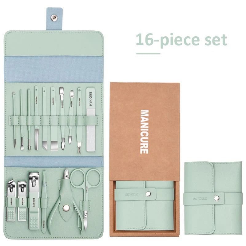 Stainless Steel Manicure & Pedicure Set 12/16 Pcs with Leather Portable Case - Gift Idea