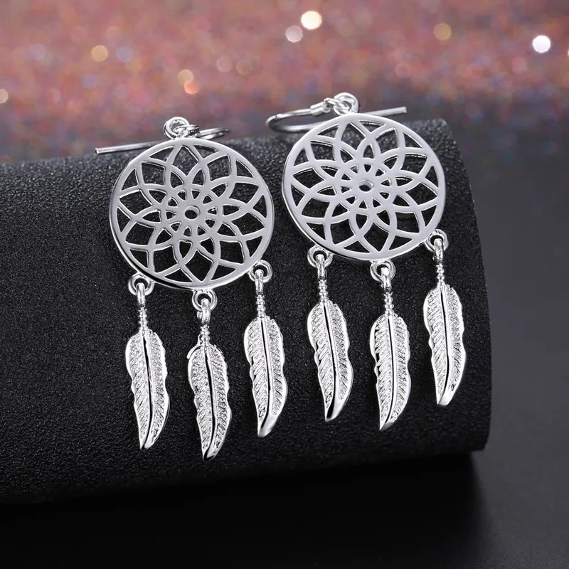Sterling Silver Dream Catcher Feather Earrings for Women Party Wedding Jewelry Gift
