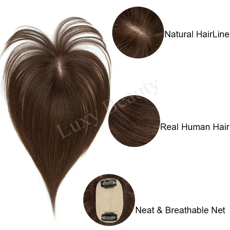 Human Hair Topper with Bangs for Women Clip-In Hairpiece 8-14 Inches, Natural Black Blonde Highlights