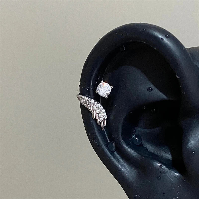 Silver Wing Ear Bone Nail Earrings for Women Rhinestone Ear Accessories