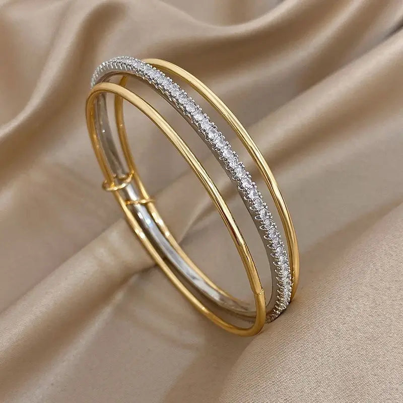 3-Pack Two Tone Rhinestone Silver Gold Bangle Bracelets for Women