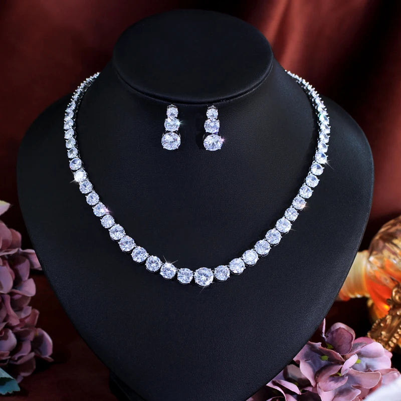 Women’s Cubic Zirconia Tennis Necklace and Earrings Set Bridal Jewelry