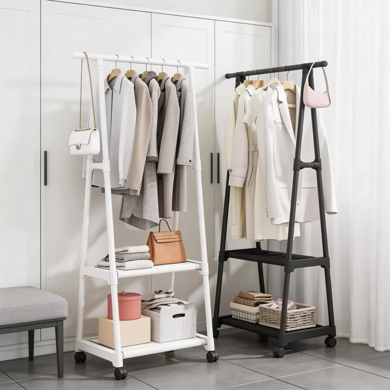 Multifunctional Movable Coat Rack Stand with Shelves Space-Saving Clothes Organizer