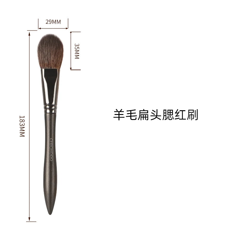 Flat Top Blush Brush - Natural Goat Hair Dense Fluffy Cheek Makeup Tool with Wooden Handle