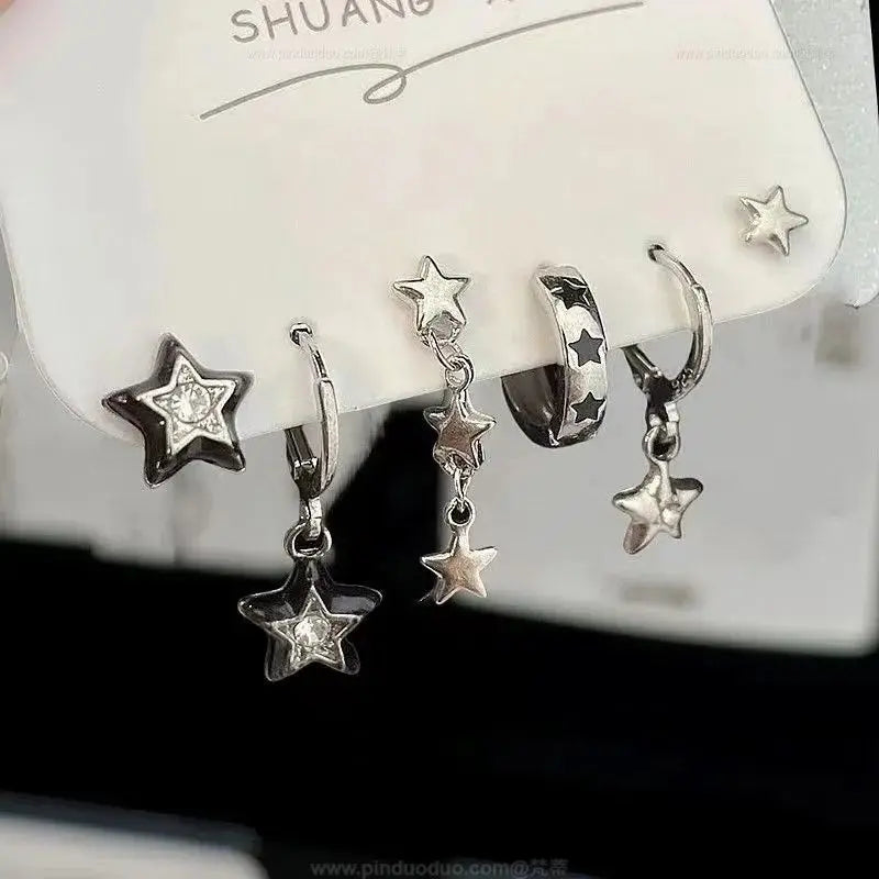 6-Piece Trendy Dark Butterfly Heart Star Cross Zircon Earrings Set for Women