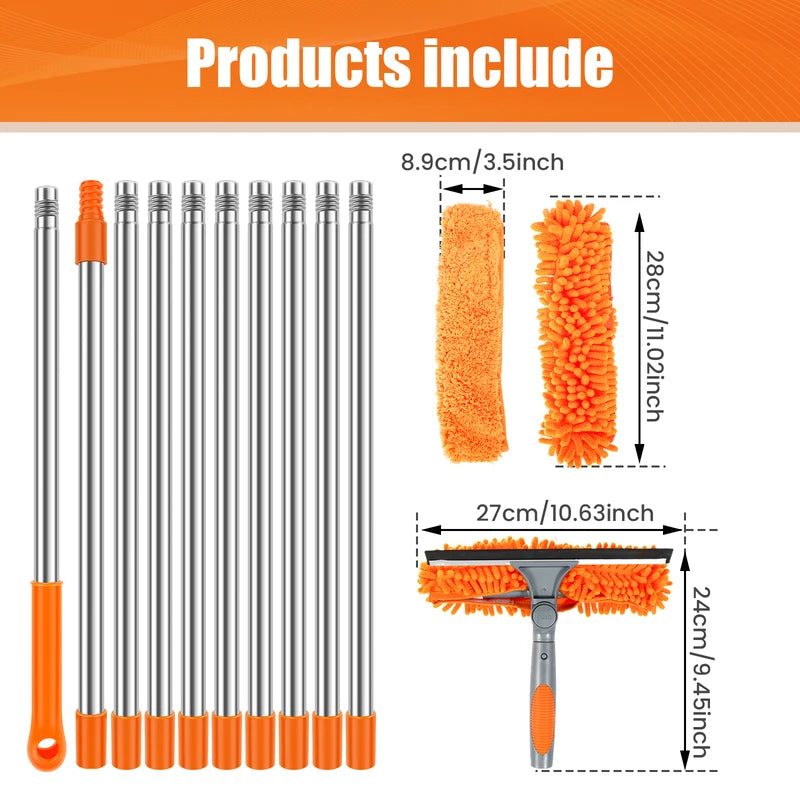 Extended Window Cleaning Kit with 2-in-1 Squeegee and Duster, 180° Swivel, Multiple Lengths