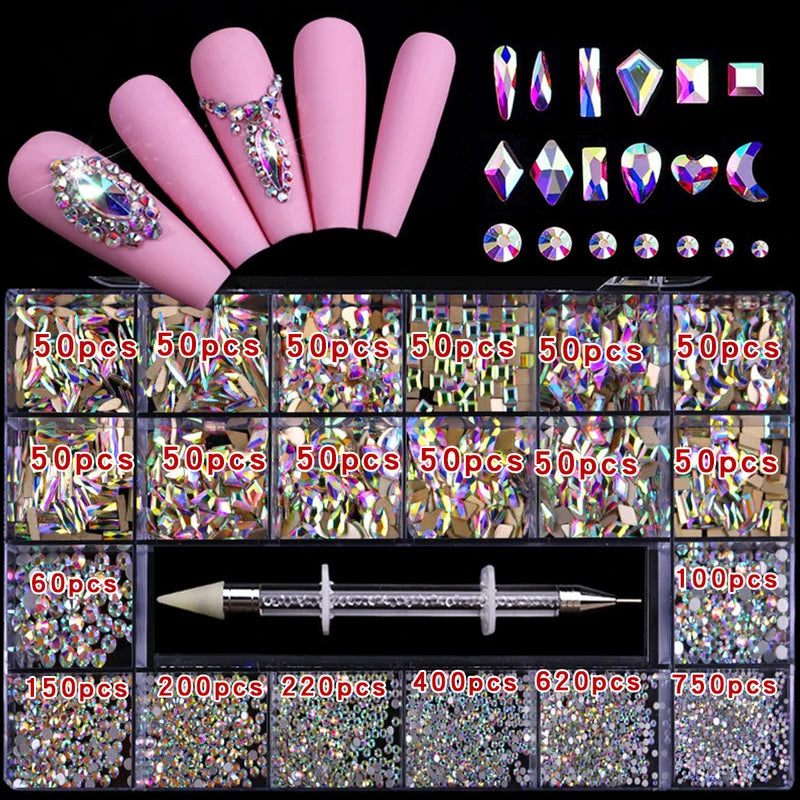 21-Piece Rhinestone Nail Art Jewelry Set with Flat Glass Diamonds