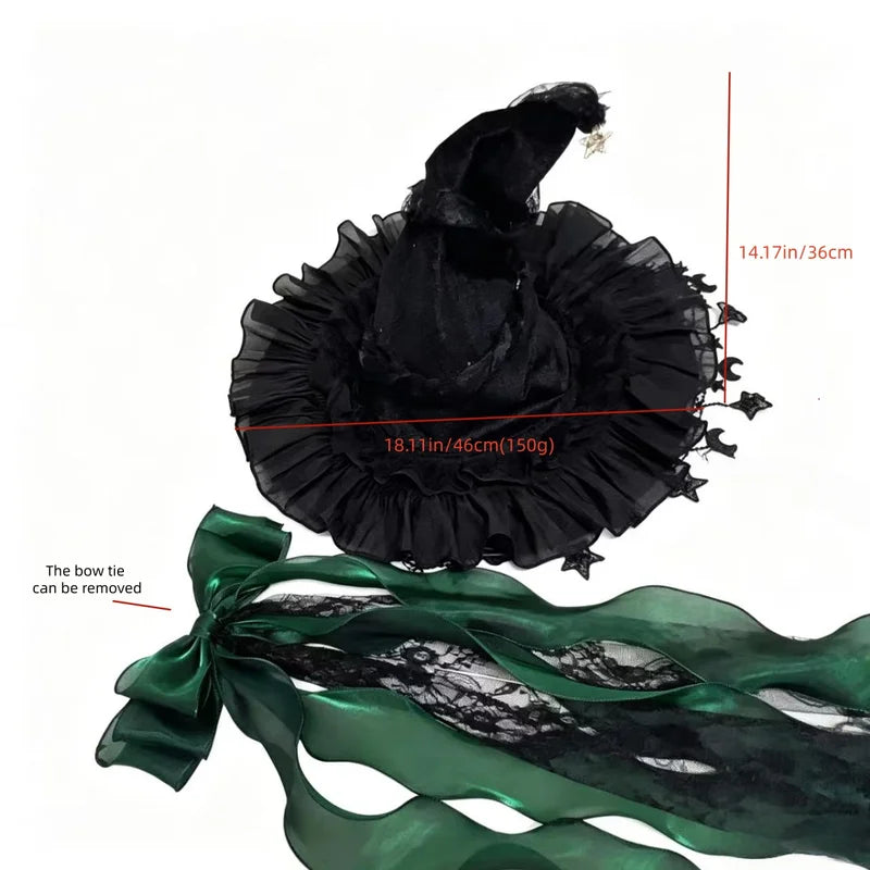 Velvet Witch Hat with Lace Trim & Moon Pendant for Halloween & Cosplay