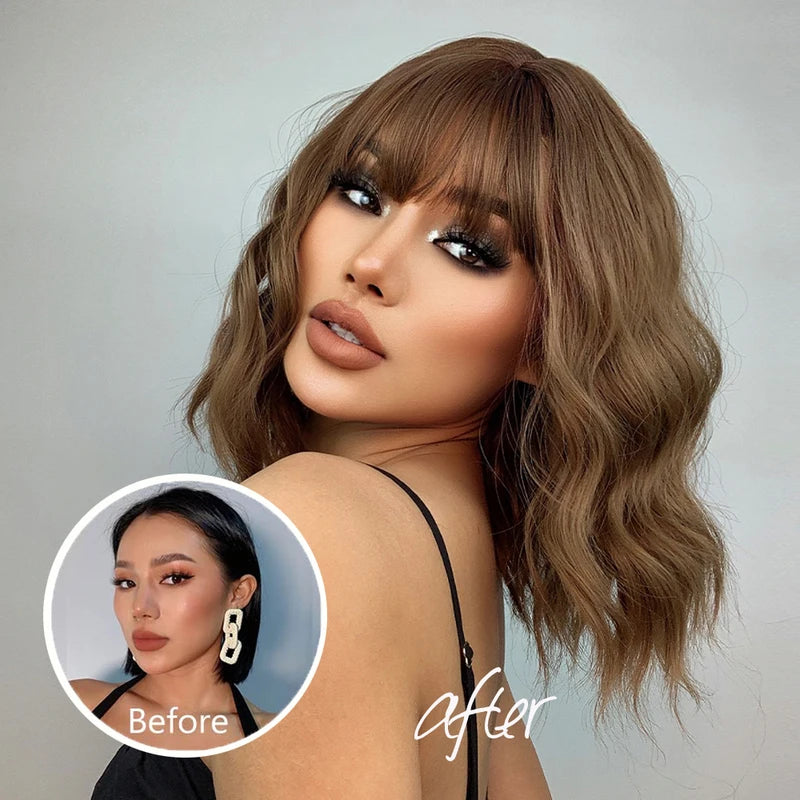Short Wavy Honey Brown Copper Synthetic Wig with Bangs for Women - Heat-Resistant Cosplay & Daily Use