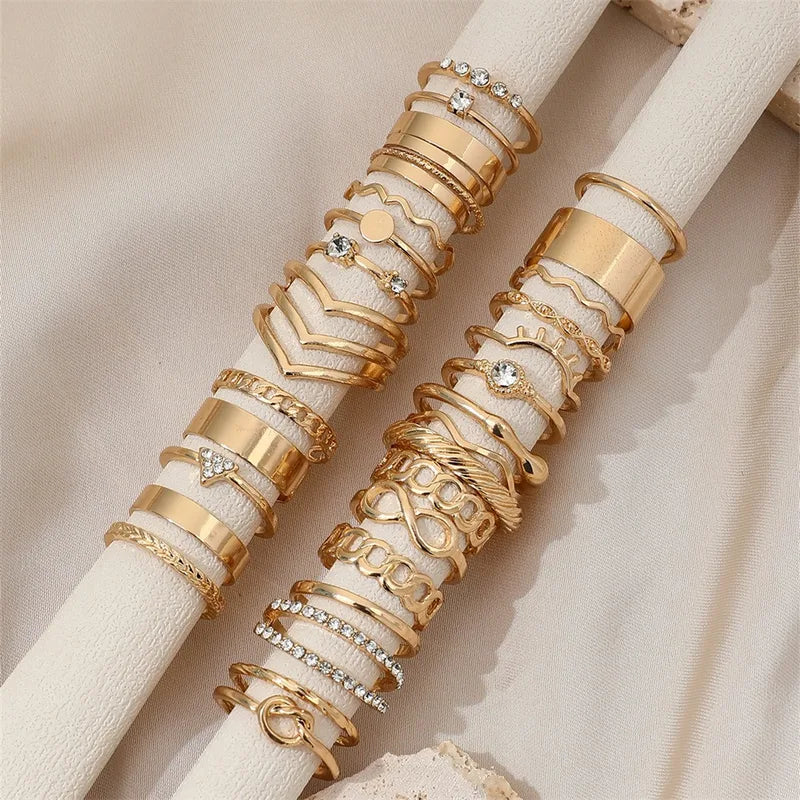 Luxury Gold Geometric Zircon Pearl Ring Set for Women - Multi-piece Jewelry Collection