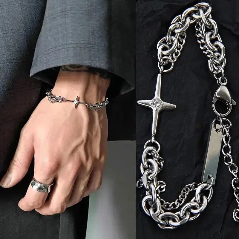 Punk Cross Y2K Stars Metal Bracelet Multilayer Chain Jewelry for Women Men