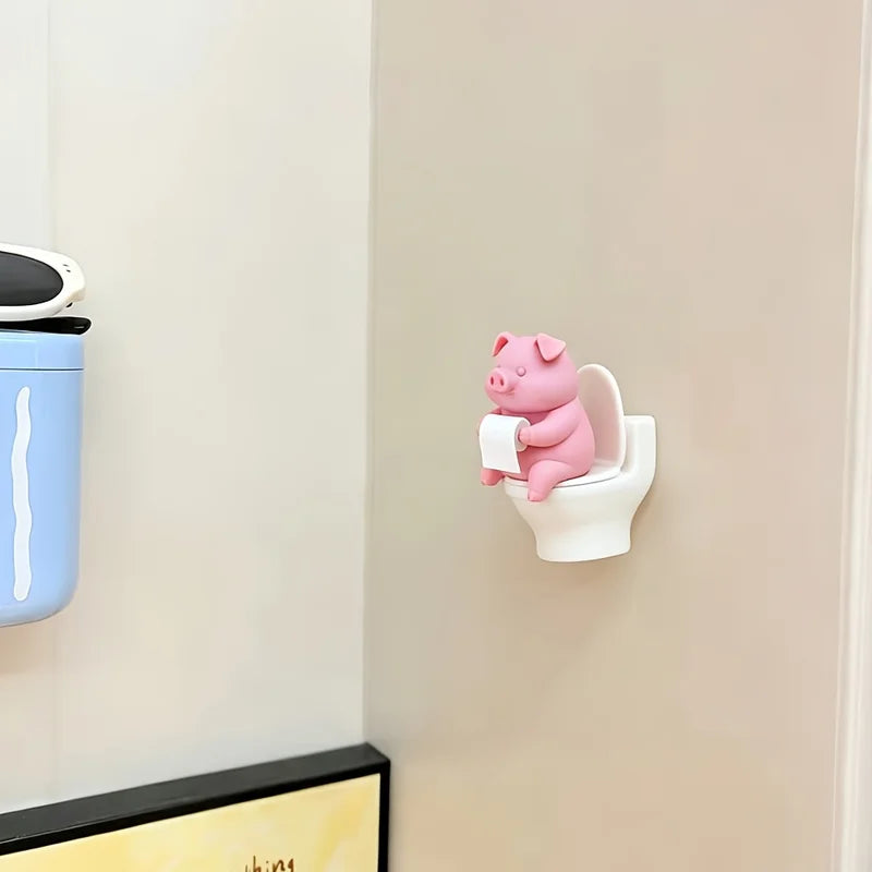 Cute Pig Sitting on Toilet Wall Decor - Bathroom & Home Office Display