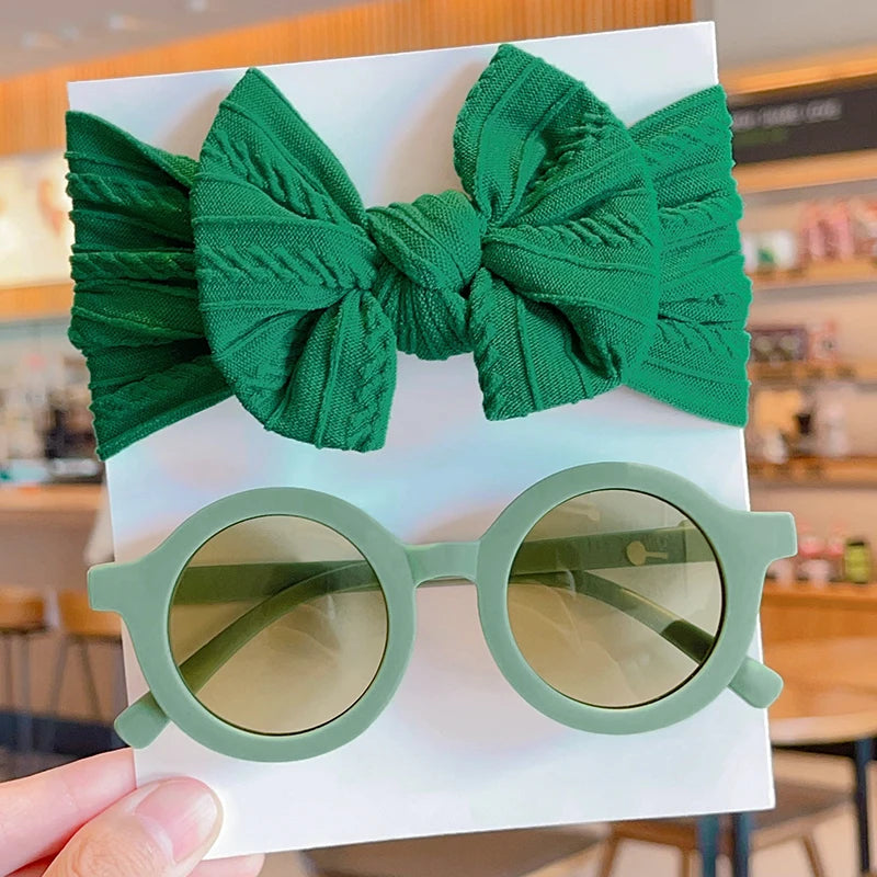 Children's Cotton Bowknot Hairbands & Round Sunglasses Set - Multiple Colors