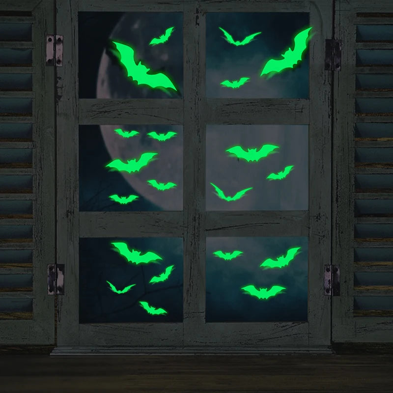 Glow Halloween Wall Stickers - 16pcs Glow in the Dark Bat Window Decals for Haunted House & Holiday Decor