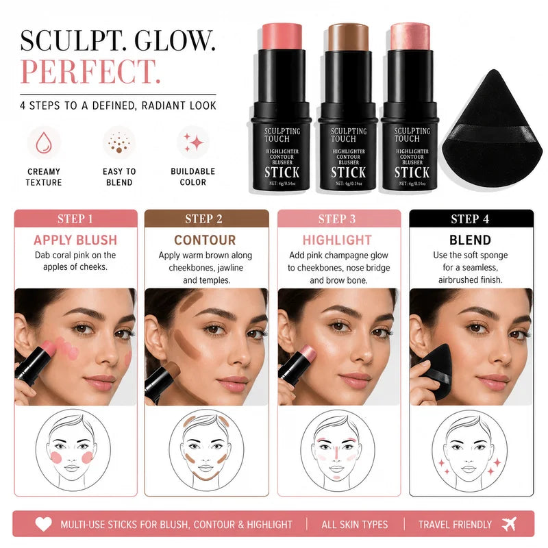 Face Sculpting Makeup Set - Cream Blush, Contour, Highlighter & Sponge