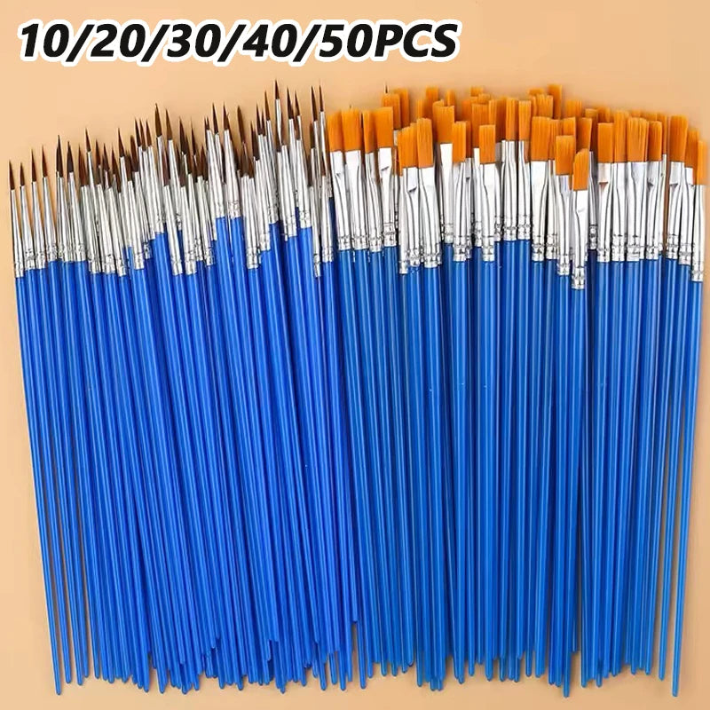 Set of 10/20/30/40/50 Multi-Size Art Paint Brushes - Nylon Round & Flat Tips