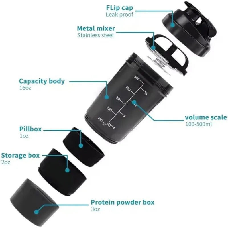 3-Layer Protein Shake Bottle with Water Bottle Function - Durable Plastic Mixing Cup for Fitness