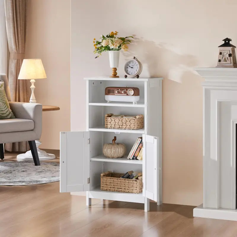 White Freestanding Storage Cabinet with Double Doors & Adjustable Shelves
