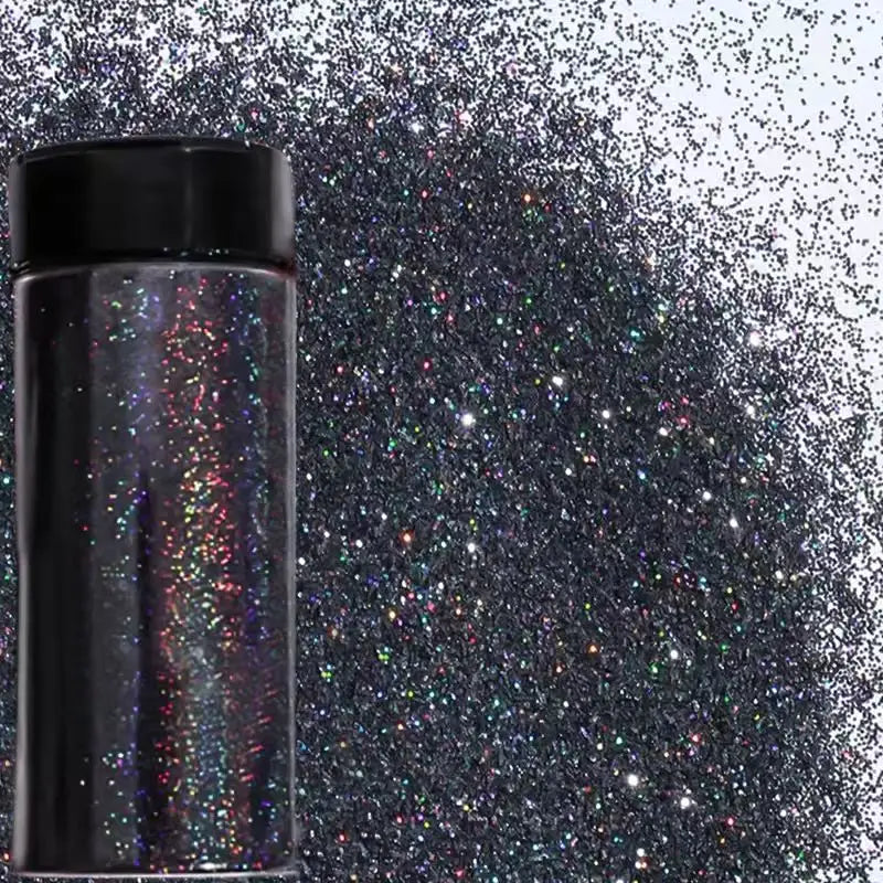 Holographic Black Glitter Powder for Nail Art, Rainbow Bright, Portable
