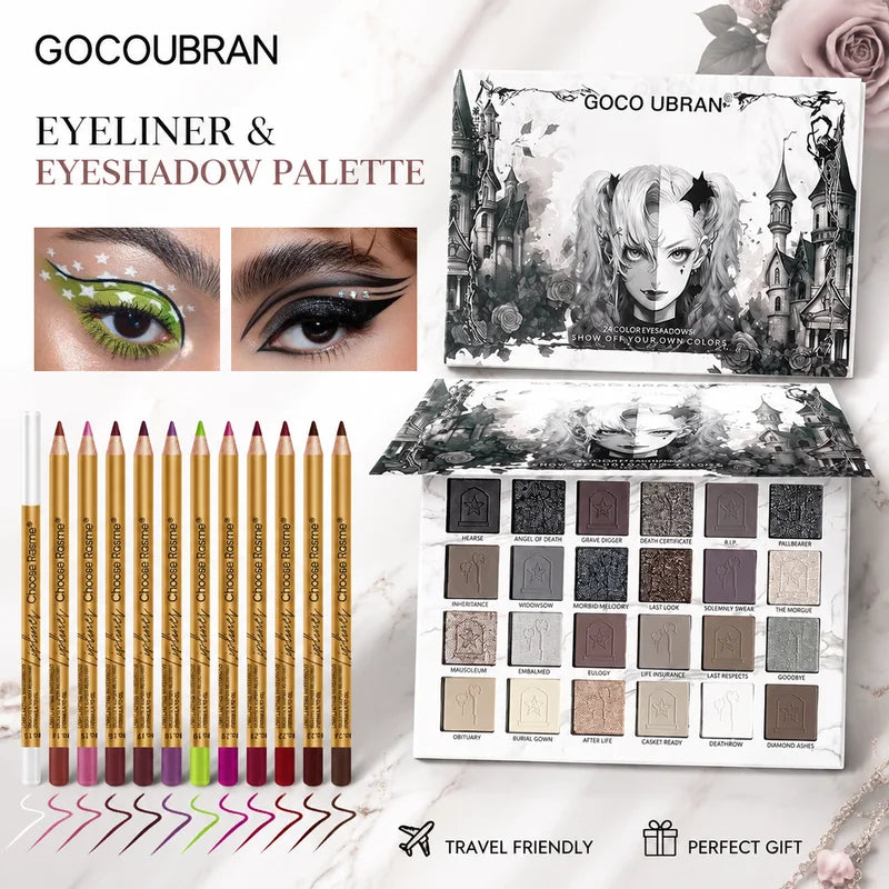 Gothic Eyeshadow Palette with 12 Waterproof Colored Eyeliner Pencils - Dark Cool Tones Makeup Kit