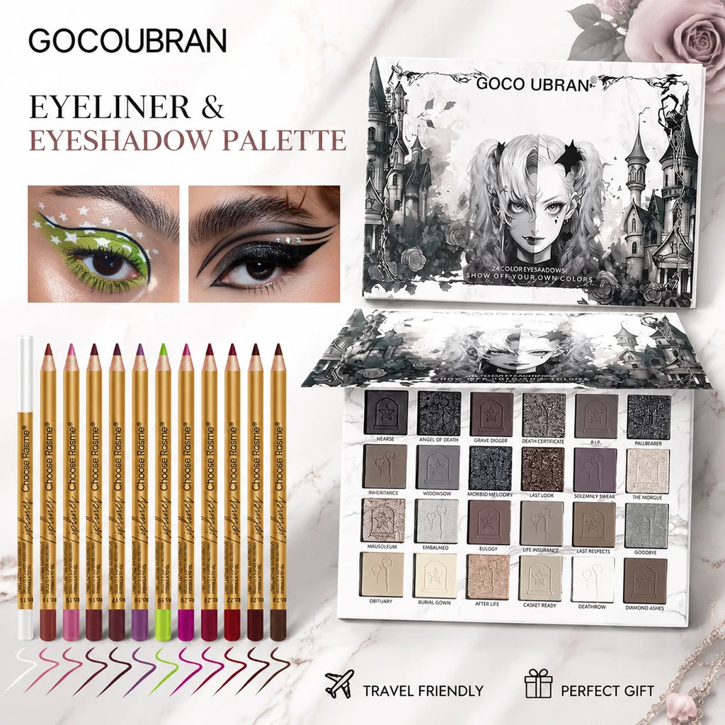 Gothic Eyeshadow Palette with 12 Waterproof Colored Eyeliner Pencils - Dark Cool Tones Makeup Kit