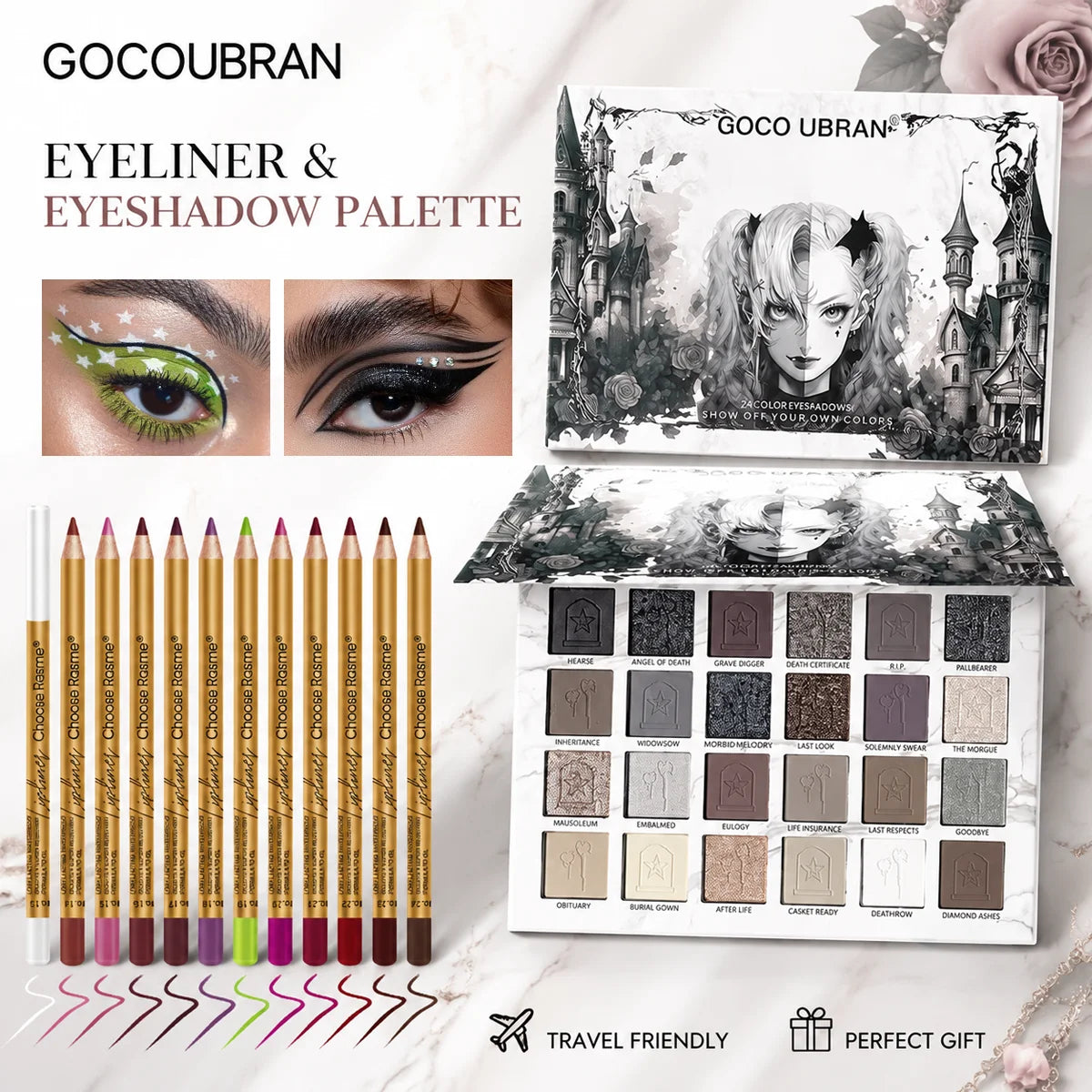Gothic Eyeshadow Palette with 12 Waterproof Colored Eyeliner Pencils - Dark Cool Tones Makeup Kit