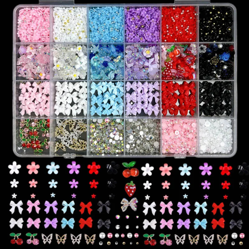 Mixed Nail Art Charms Set with Ribbons Bows Flowers Cherry Strawberries Metal Butterflies - DIY Nail Decorations