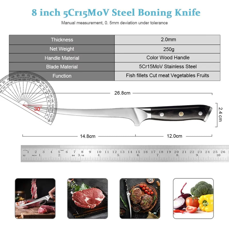 8 Inch Stainless Steel Boning Knife - Sharp Flexible Curved Fish & Meat Cutter