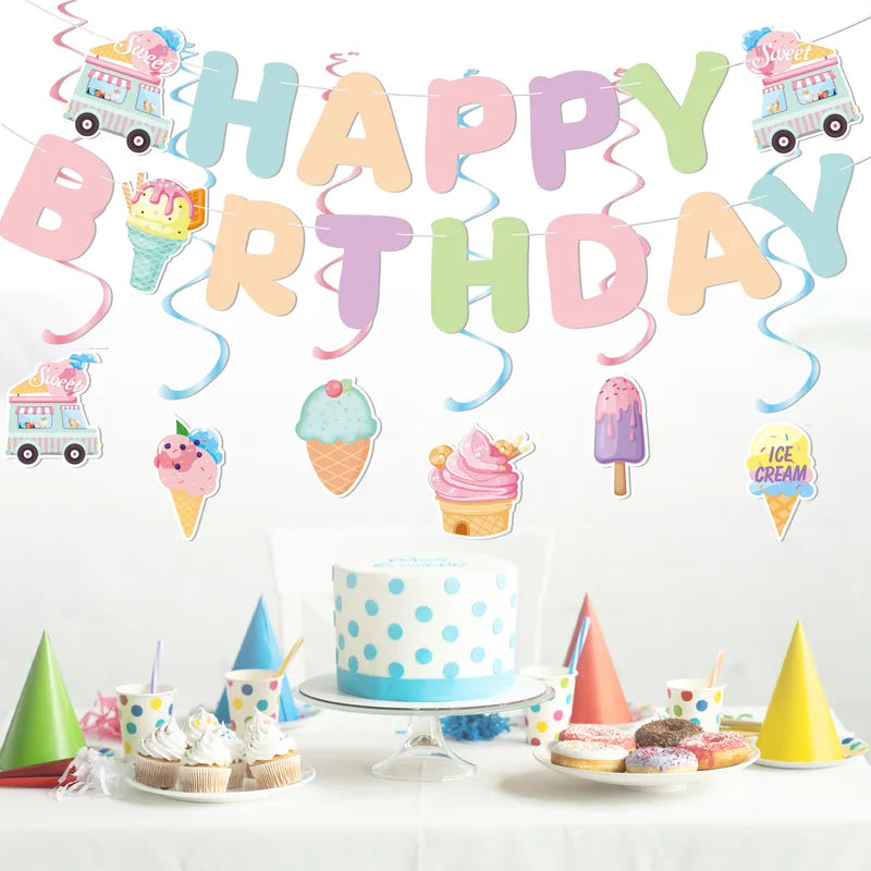 Ice Cream Themed Party Decorations Set - Birthday Banner & Honeycomb Ornaments