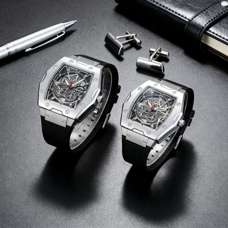 Luxury Men's Skeleton Faux Mechanical Watch Silicone Quartz Sport Watch