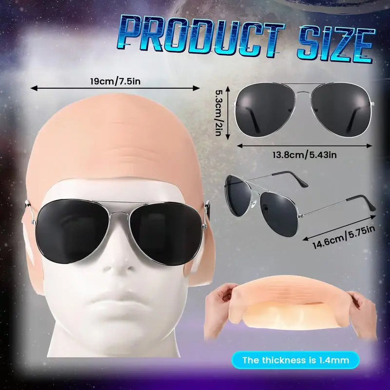 Cosplay Bald Outfit Accessories Set with Latex Bald Hat and Nylon Wig Cap for Halloween and Parties