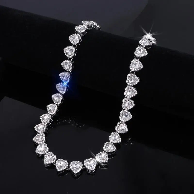 45cm Hip Hop Heart Rhinestone CZ Chain Necklace & Bracelet Jewelry Set