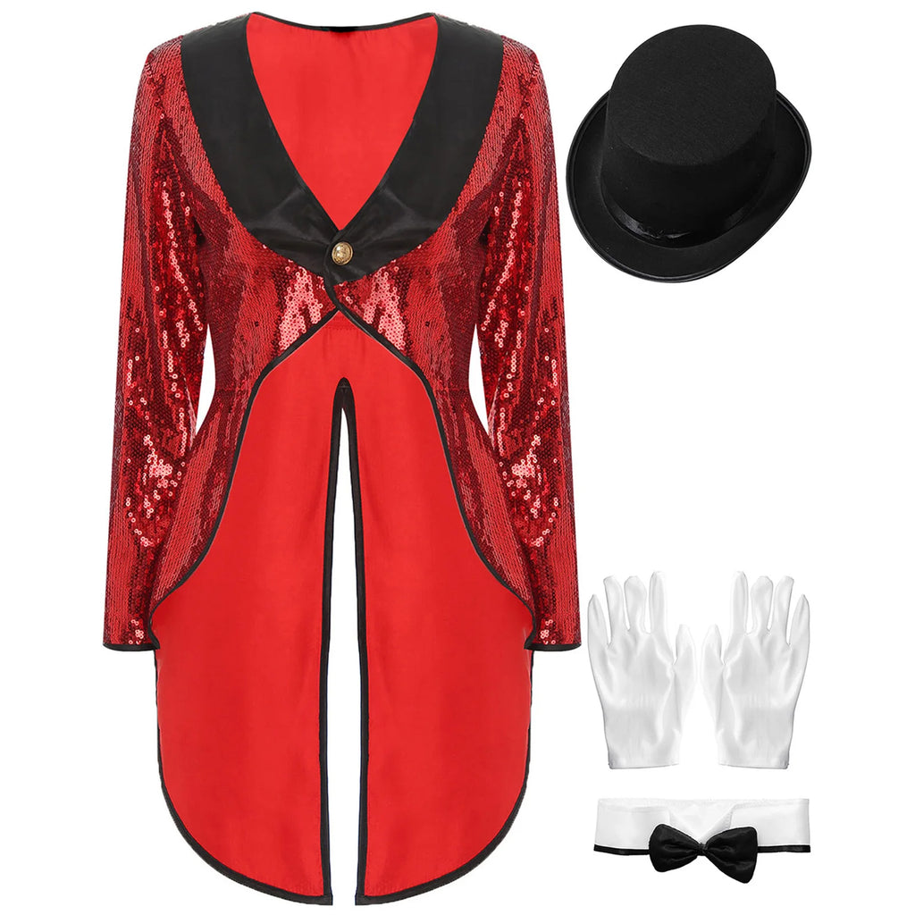 Women Magician Cosplay Costume Sequin Tailcoat with Hat Gloves for Halloween and Stage Performance