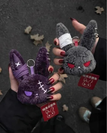 Gothic Bunny Plush Keychain Rabbit Bag Charm with Bandage Design - Kawaii Key Ring Pendant for Car & Bag