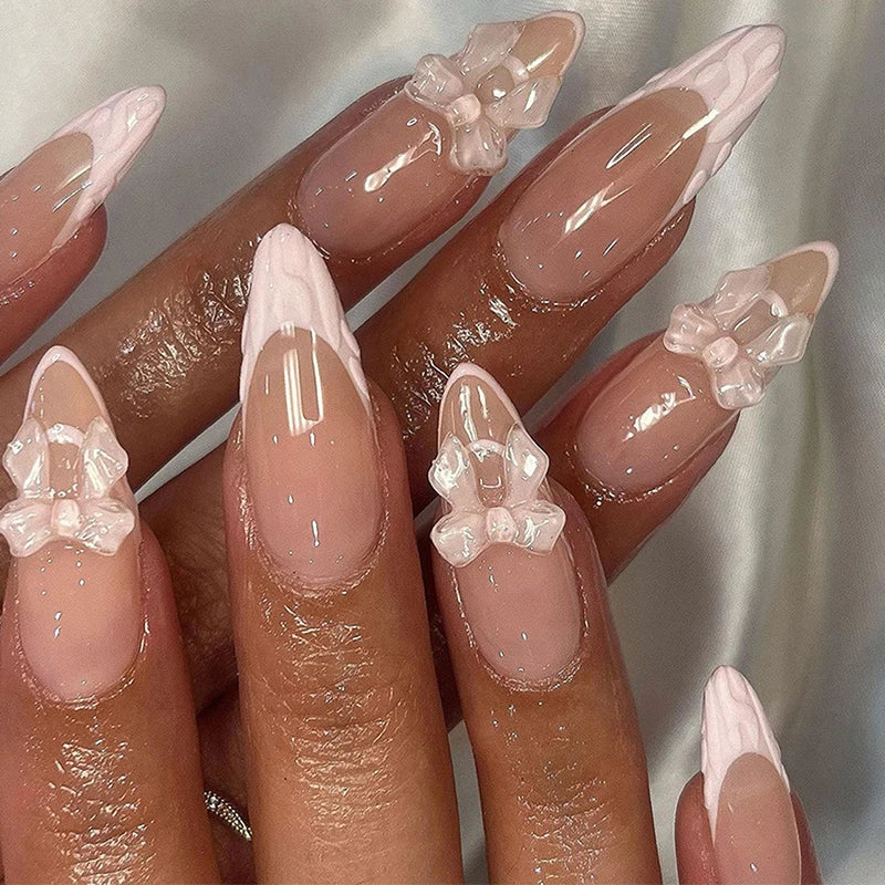 24Pcs Press-On Nails with French Bow Design Medium Almond Style for Women & Girls