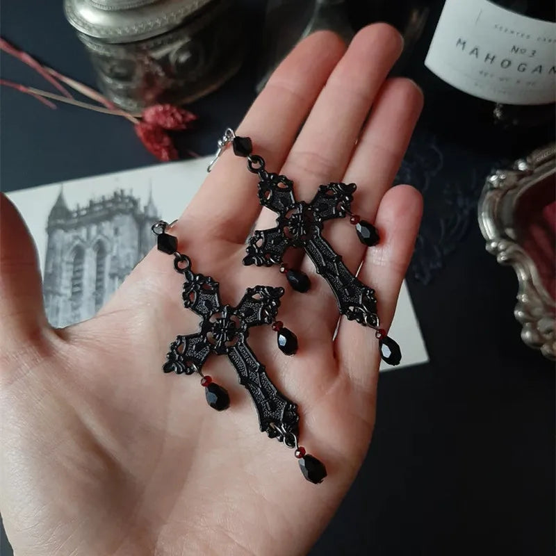 Gothic Cross Dangle Earrings with Teardrop Tassels for Women - Halloween Party Jewelry