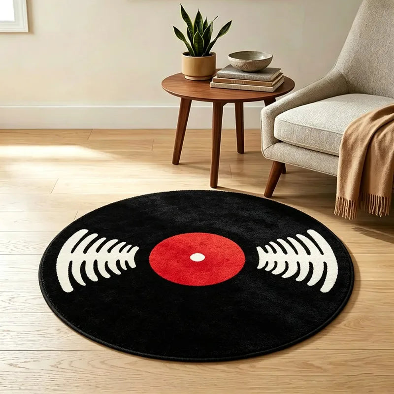 Music-Themed Vinyl Record Round Rug - Retro Bedroom Floor Mat, Washable Home Decor