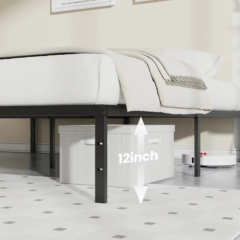 Metal Bed Frame with Storage Space - Twin to King Size, Sturdy Steel Slats