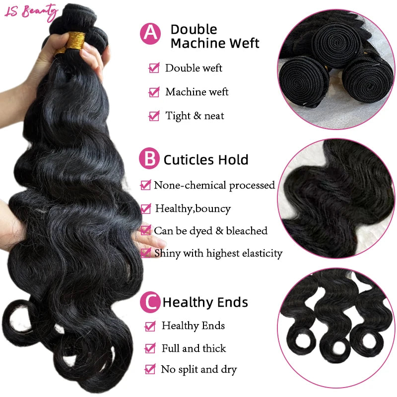 Brazilian Virgin Hair Extensions - Natural Color Body Wave Bundles 22-26 Inches