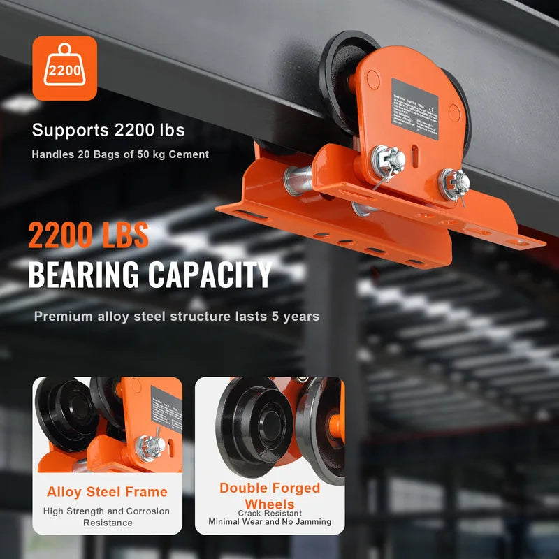Manual Beam Trolley 2200 lbs Capacity for I-Beams and H-Beams