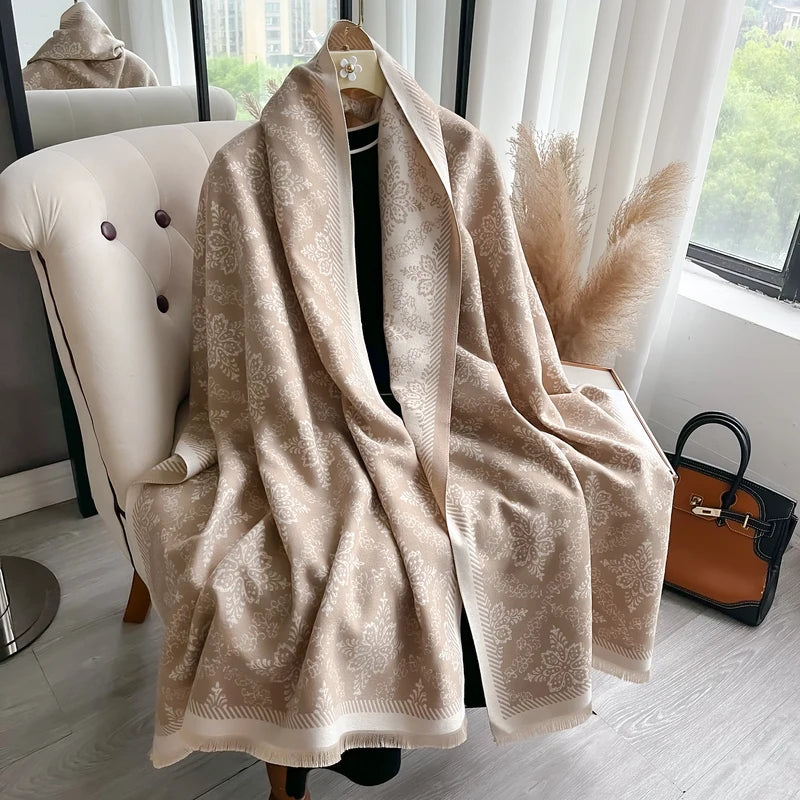 Luxury Ethnic Style Two-Sided Pashmina Scarf with Fringe - Soft Warm Winter Shawl