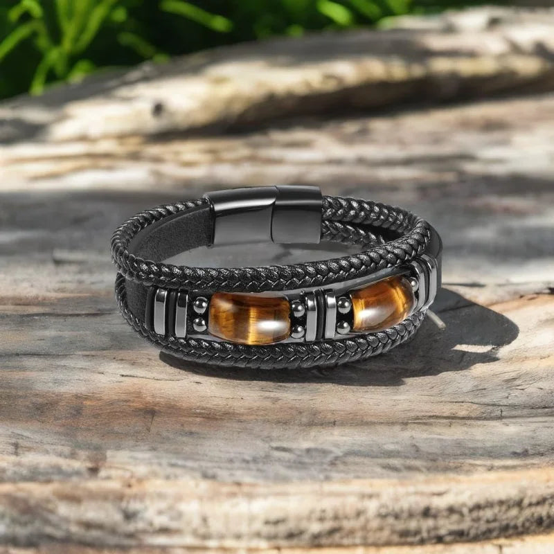Men's Tiger Eye Leather Bracelet Natural Gemstone Jewelry - Stress Relief & Protection