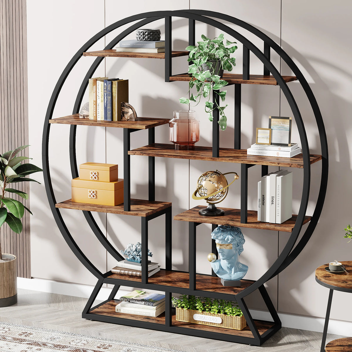 Industrial Round Bookshelf with Staggered Shelves - 63-Inch Wood Bookcase