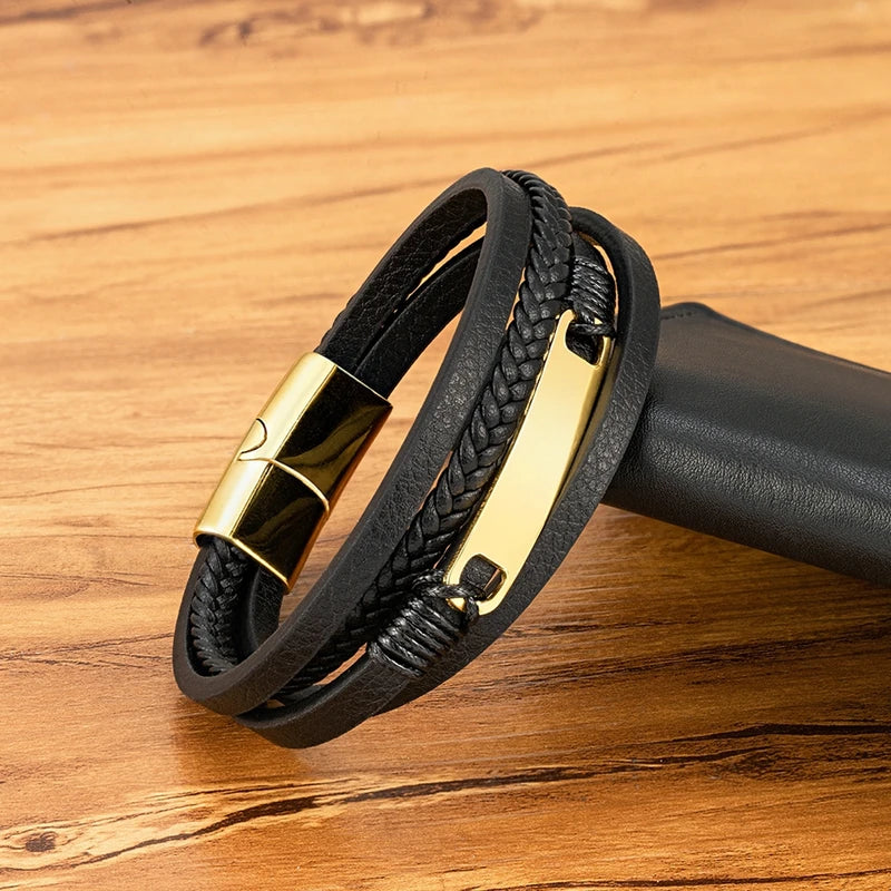 Multi-Layer Leather Wrap Bracelet for Men Stainless Steel Casual Jewelry