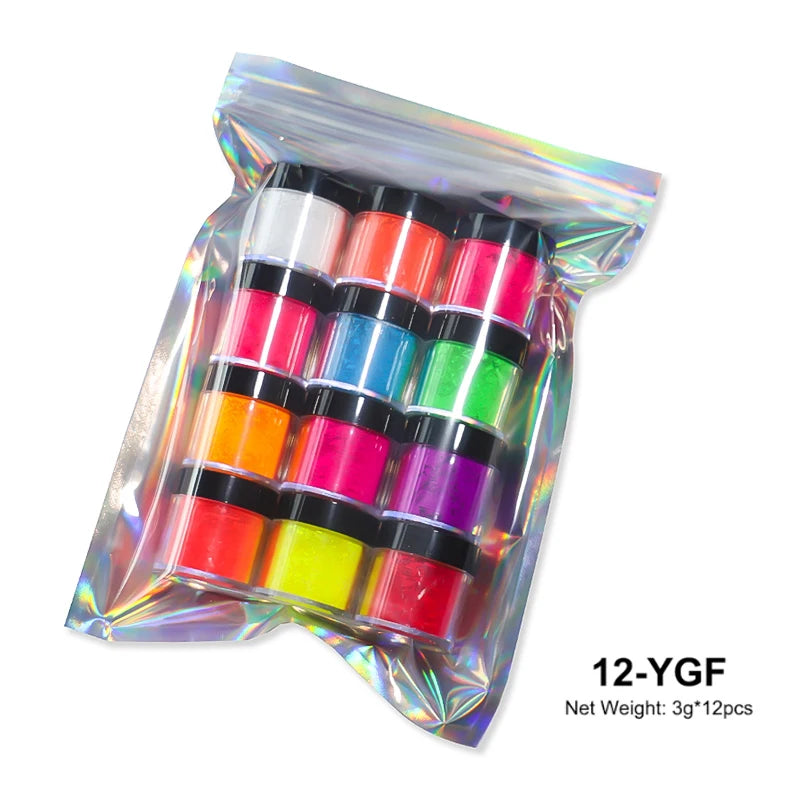 Neon Pigment Powder Set for Nail Art - Fluorescent Glitter & Chrome Dust, 12 Colors