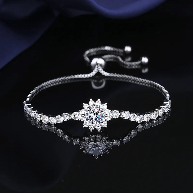925 Sterling Silver Moissanite Sunflower Bracelet Two Carats Women’s Hand Jewelry Pull-Out Style