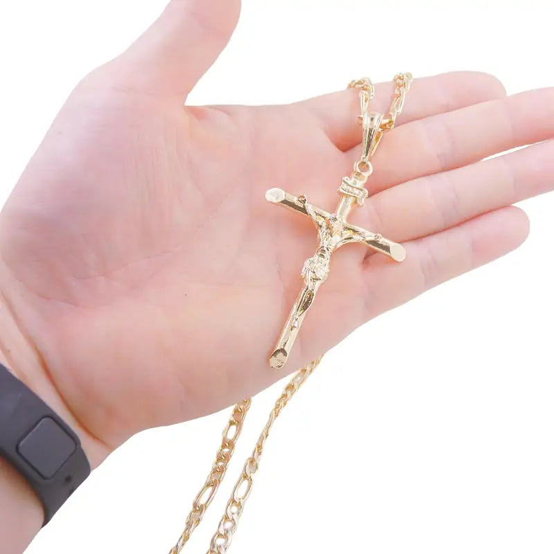 Gold-Plated Cross Pendant Necklace with Chain Men Women Religious Jewelry