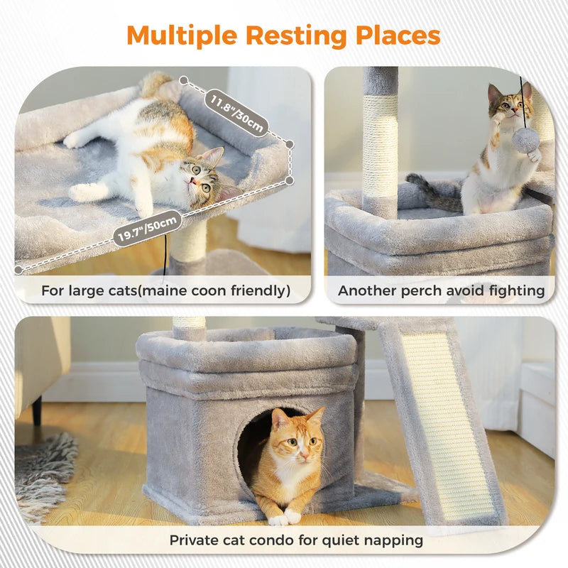 Small Cat Tree Tower with Sisal Scratching Posts and Large Perch - Indoor Cat Furniture