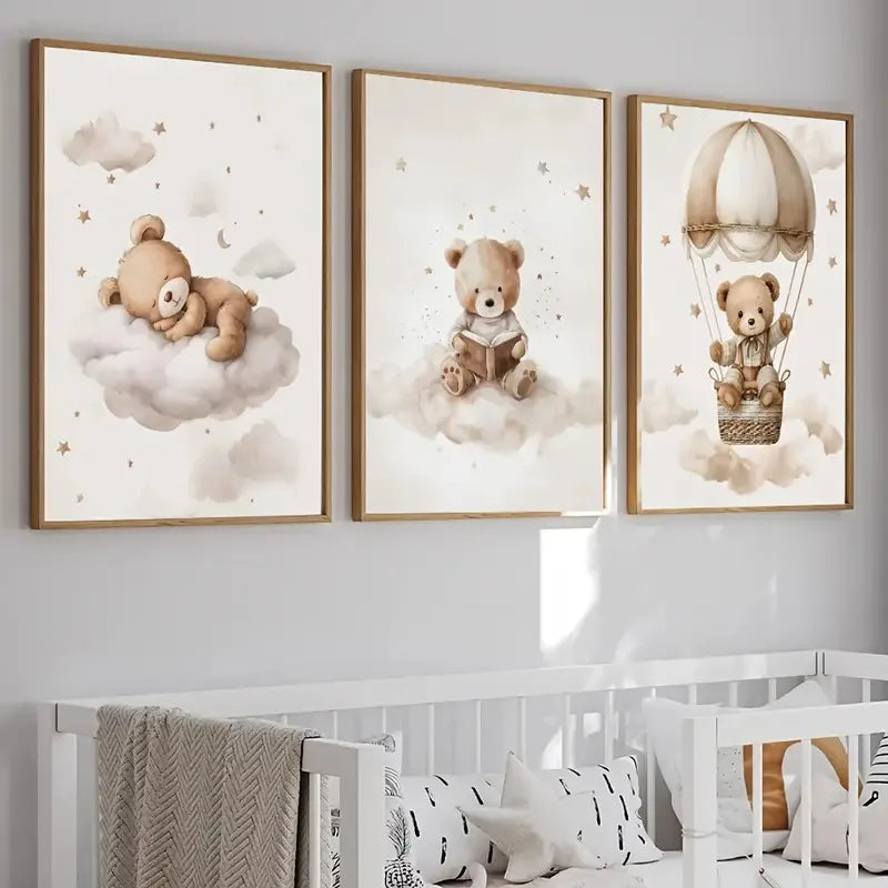 Bohemian Style Teddy Bear Animal Wall Art Posters - Nursery Canvas Prints for Kids Room Decor