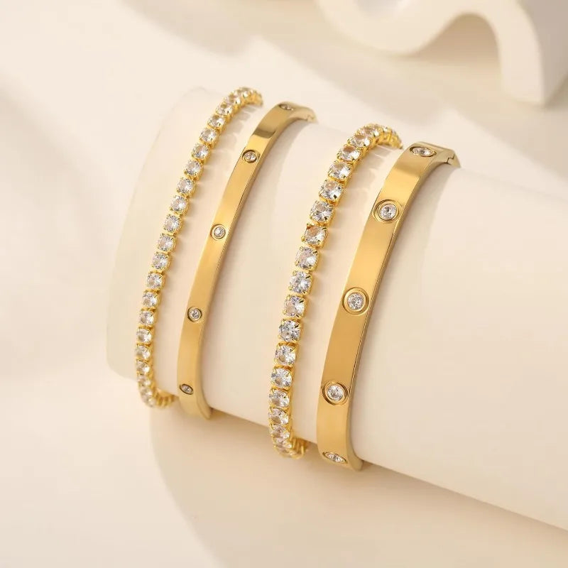 2-Piece Gold Plated Tennis Bracelets for Women - Dainty Love Bangle Set with Cubic Zirconia